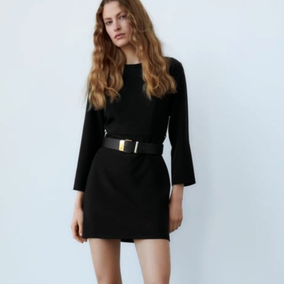 Zara | Dresses | Zara New Woman Belted Mini Dress Black Long Sleeves Gold  Buckle Xs 25725 | Poshmark